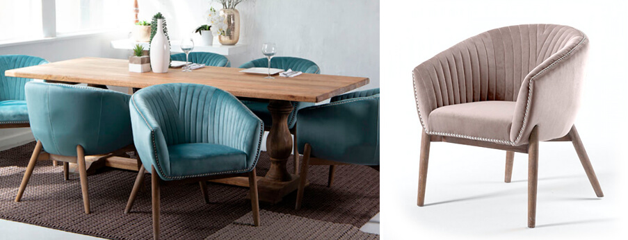 Left image is velvet teal tub dining chairs around classic wooden dining table , on the right is stone velvet tub dining chair on a white background